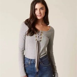 Free People Ribbon Tie Front Top Gray Lace Up Long Sleeve Shirt Top Tee
